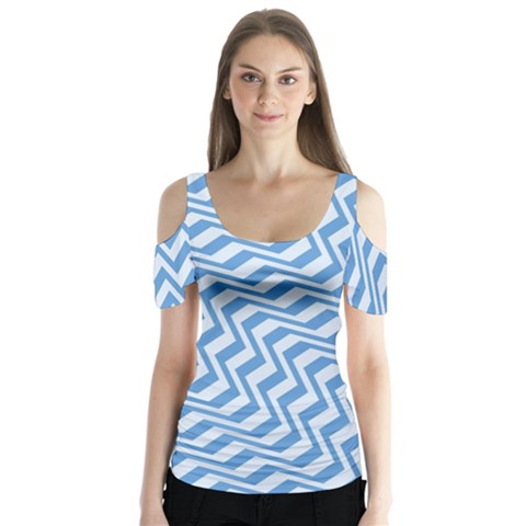 Geometric Blue Shades Diagonal Butterfly Sleeve Cutout Tee  by Bajindul