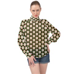 Pattern Flowers White Green High Neck Long Sleeve Chiffon Top by HermanTelo