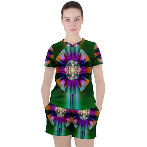 Abstract Art Fractal Creative Green Women s Tee And Shorts Set by Sudhe