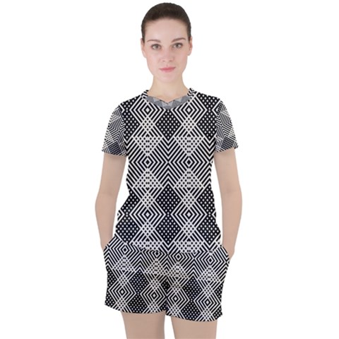 Monochrome Geometric Herringbone Seamless Pattern Vector Women s Tee And Shorts Set by Sudhe