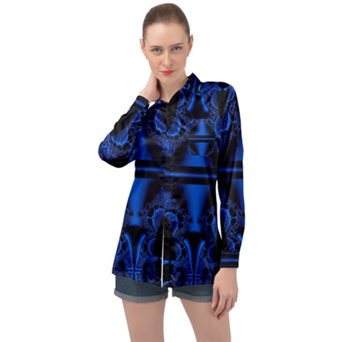 Art Fractal Artwork Creative Blue Black Long Sleeve Satin Shirt by Pakrebo