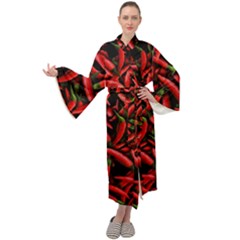 Red Chili Peppers Pattern  Maxi Tie Front Velour Kimono by bloomingvinedesign