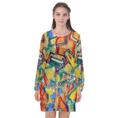 Colorful Painted Shapes                     Long Sleeve Chiffon Shift Dress by LalyLauraFLM