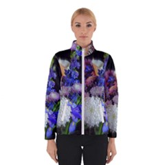 Blue White Purple Mixed Flowers Winter Jacket by bloomingvinedesign