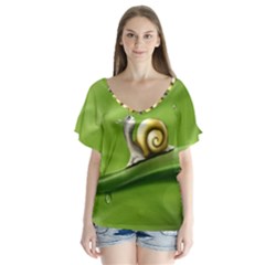 Snail Drops Rain Drawing Green V-neck Flutter Sleeve Top by Wegoenart