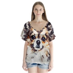 Chihuahua Dog Cute Pets Small V-neck Flutter Sleeve Top by Wegoenart