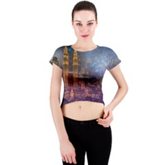 City Lights Skyline Buildings Crew Neck Crop Top by Wegoenart