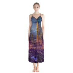 City Lights Skyline Buildings Button Up Chiffon Maxi Dress by Wegoenart