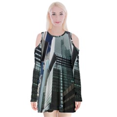 Architecture Frankfurt Reflection Velvet Long Sleeve Shoulder Cutout Dress by Wegoenart