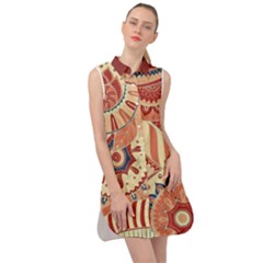 Pop Art Paisley Flowers Ornaments Multicolored 4 Background Solid Dark Red Sleeveless Shirt Dress by EDDArt