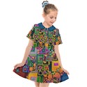 Modern Geometric Art   Dancing In The City Background Solid Dark Blue Kids  Short Sleeve Shirt Dress View1