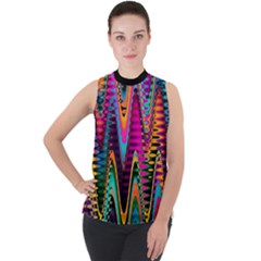 Multicolored Wave Distortion Zigzag Chevrons 2 Background Color Solid Black Mock Neck Chiffon Sleeveless Top by EDDArt