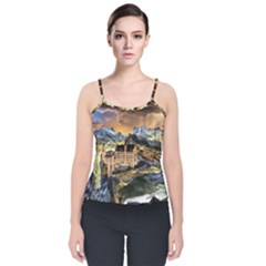 Castle Fantasy Landscape Stormy Velvet Spaghetti Strap Top by Pakrebo