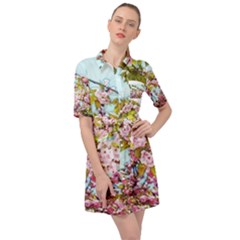 Spring Pink Floral Blue Sky Belted Shirt Dress by CashewDress