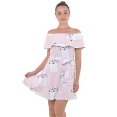 Pattern Pink Cute Sweet Fur Cats Off Shoulder Velour Dress by Pakrebo