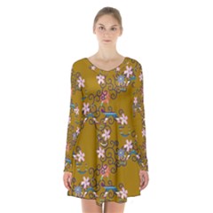 Textile Flowers Pattern Long Sleeve Velvet V-neck Dress by HermanTelo