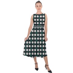 White Flower Pattern On Green Black Midi Tie-back Chiffon Dress by BrightVibesDesign