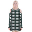 White Flower Pattern On Green Black Velvet Long Sleeve Shoulder Cutout Dress View1