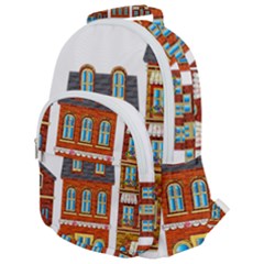 City Buildings Brick Architecture Rounded Multi Pocket Backpack by Simbadda