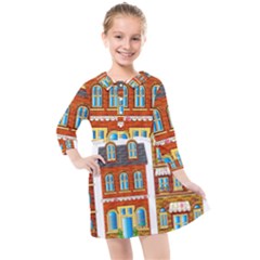 City Buildings Brick Architecture Kids  Quarter Sleeve Shirt Dress by Simbadda