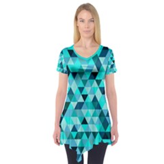 Teal Triangles Pattern Short Sleeve Tunic  by LoolyElzayat