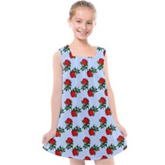 Red Roses Light Blue Kids  Cross Back Dress by snowwhitegirl