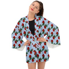 Red Roses Light Blue Long Sleeve Kimono by snowwhitegirl