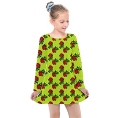 Red Roses Lime Green Kids  Long Sleeve Dress by snowwhitegirl