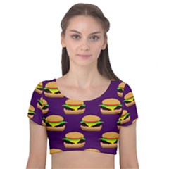 Burger Pattern Velvet Short Sleeve Crop Top  by bloomingvinedesign