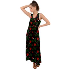 Strawberries Pattern V-neck Chiffon Maxi Dress by bloomingvinedesign