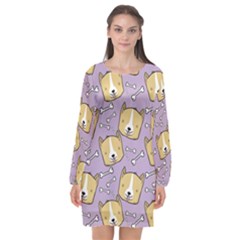 Corgi Pattern Long Sleeve Chiffon Shift Dress  by Sudhe