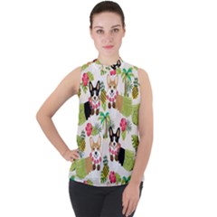 Corgis Pattern Mock Neck Chiffon Sleeveless Top by Sudhe