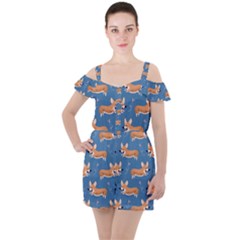 Corgi Patterns Ruffle Cut Out Chiffon Playsuit by Sudhe