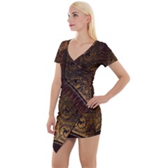 Vault Mosaic Gold Ornament Golden Short Sleeve Asymmetric Mini Dress by Simbadda