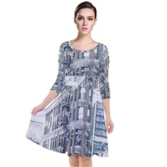 City Building Skyscraper Town Quarter Sleeve Waist Band Dress by Simbadda