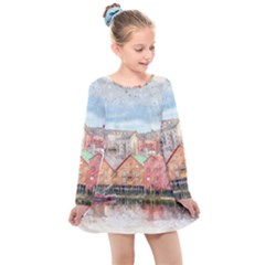 Architecture City Buildings River Kids  Long Sleeve Dress by Simbadda