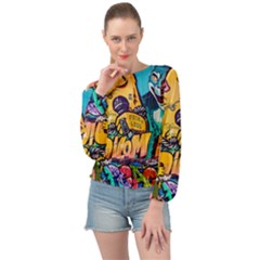 Graffiti Street Art Mountains Wall Banded Bottom Chiffon Top by Simbadda