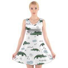 Vector Seamless Pattern With Cute Crocodiles V-neck Sleeveless Dress by Vaneshart