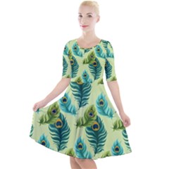 Peacock Feather Pattern Quarter Sleeve A-line Dress by Vaneshart