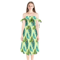 Peacock Feather Pattern Shoulder Tie Bardot Midi Dress by Vaneshart