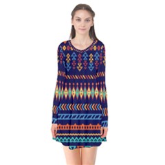 Decorative Pattern Ethnic Style Long Sleeve V-neck Flare Dress by Vaneshart