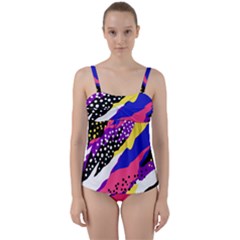 Colorful Abstract Waves Pattern Twist Front Tankini Set by teeziner