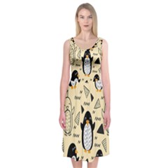 Hand Drawn Penguin Doodle Pattern Midi Sleeveless Dress by Vaneshart