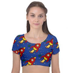 Space Rocket Pattern Velvet Short Sleeve Crop Top  by Vaneshart