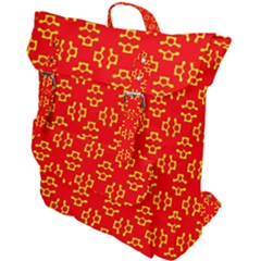 Red Background Yellow Shapes Buckle Up Backpack by Simbadda