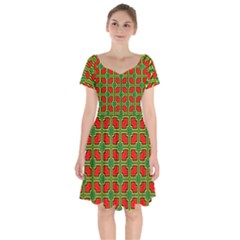 Pattern Modern Texture Seamless Red Yellow Green Short Sleeve Bardot Dress by Simbadda