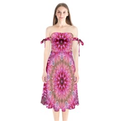 Flower Mandala Art Pink Abstract Shoulder Tie Bardot Midi Dress by Simbadda