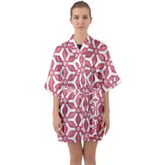 White Background Red Flowers Texture Half Sleeve Satin Kimono  by Simbadda