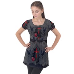 The Crows With Cross Puff Sleeve Tunic Top by FantasyWorld7