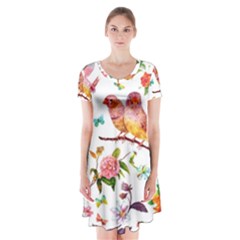 Watercolour Flowers Watercolor Painting Drawing Short Sleeve V-neck Flare Dress by Vaneshart